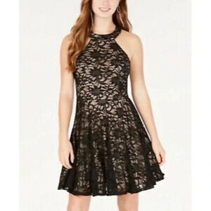 B Darlin Navy Blue & Nude Glitter Lace Fit & Flare Mini Dress 8